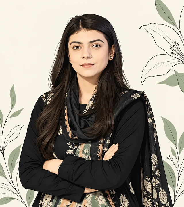 Portrait of Yumna Ahmad framed by drawings of plants